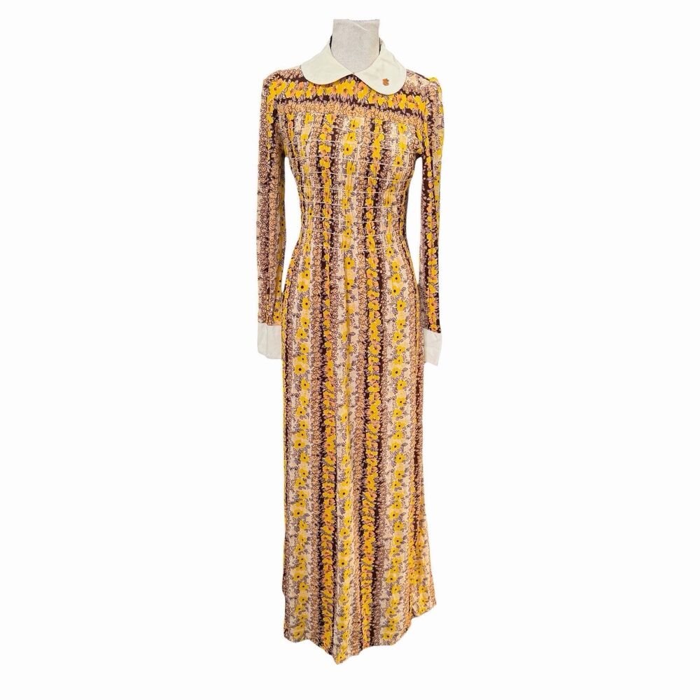 VTG 70s Floral Maxi Dress Peter Pan Collar Long Sleeve S Prairie Cottage Core